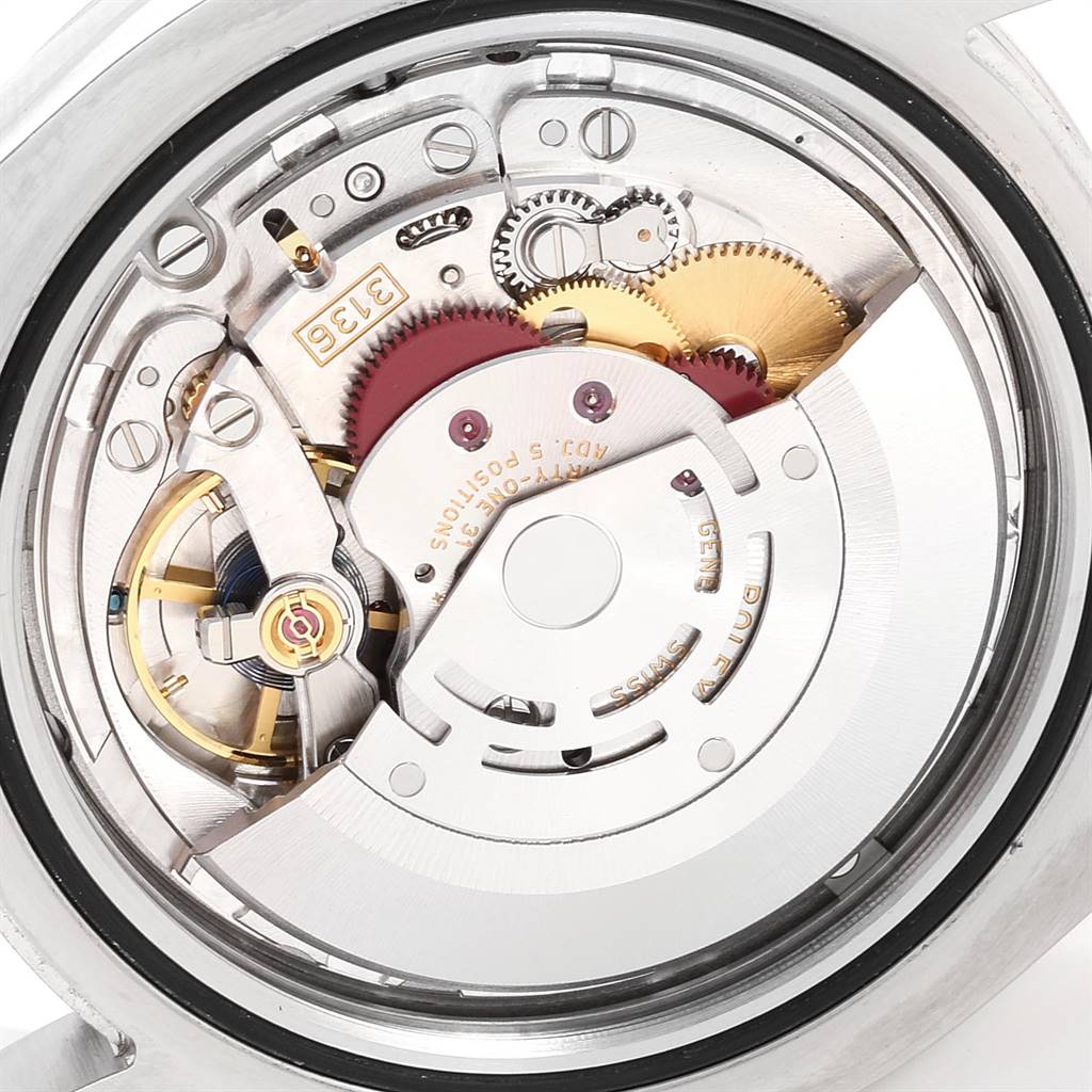 This image shows the internal mechanism and movement components of the Rolex Datejust 41 116334 Men's Stainless Steel Blue Dial 116334 Men's Stainless Steel Blue Dial watch from a rear angle.