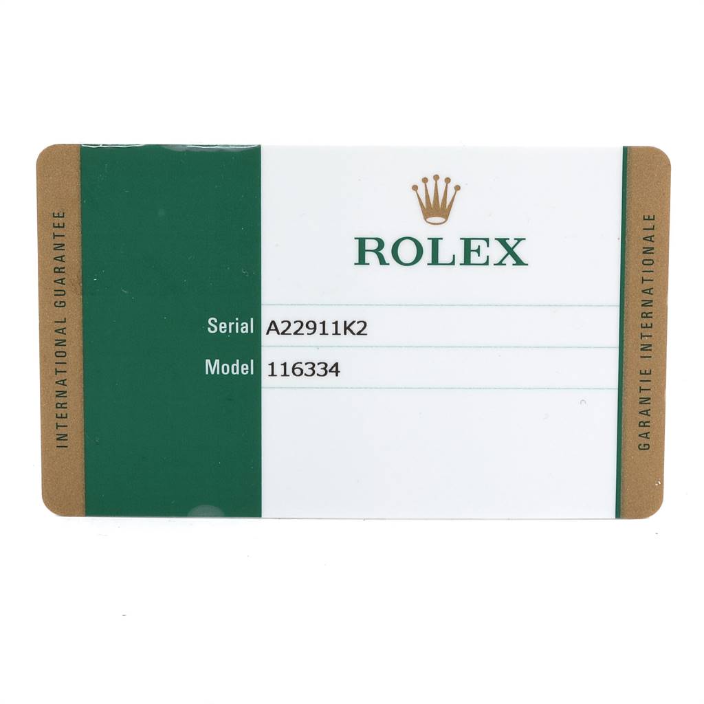 This image shows the International Guarantee card for a Rolex Datejust 41 116334 Men's Stainless Steel Blue Dial 116334 Men's Stainless Steel Blue Dial model.