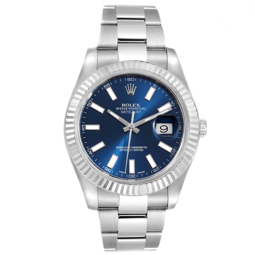 The image shows a front view of a Rolex Datejust 41 116334 Men's Stainless Steel Blue Dial 116334 Men's Stainless Steel Blue Dial model watch with a blue dial and stainless steel bracelet.