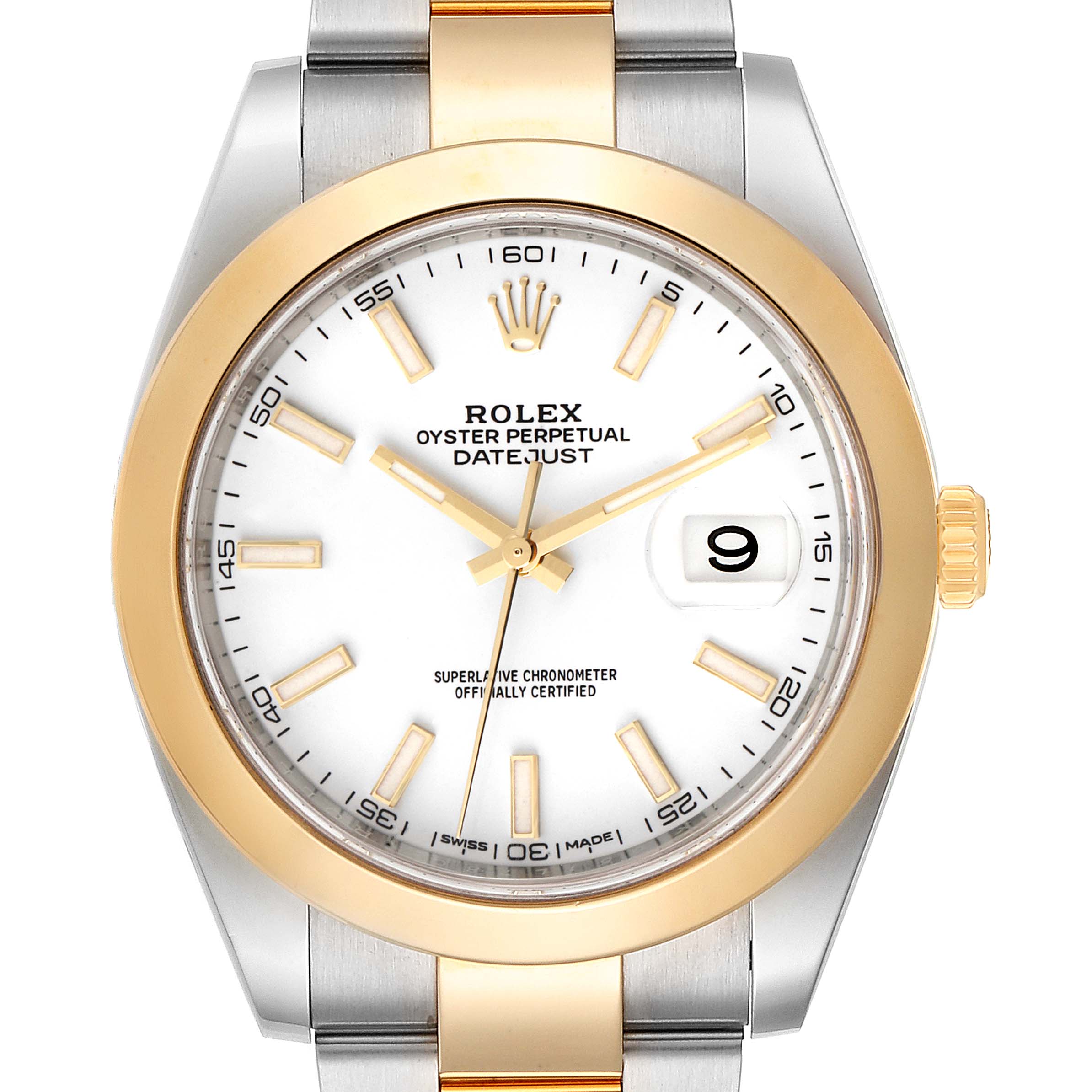 The image shows a frontal view of the Rolex Datejust 41 126303 Men's Steel and Gold (two tone) White Dial 126303 Men's Steel and Gold (two tone) White Dial watch, displaying its dial, bezel, and bracelet.