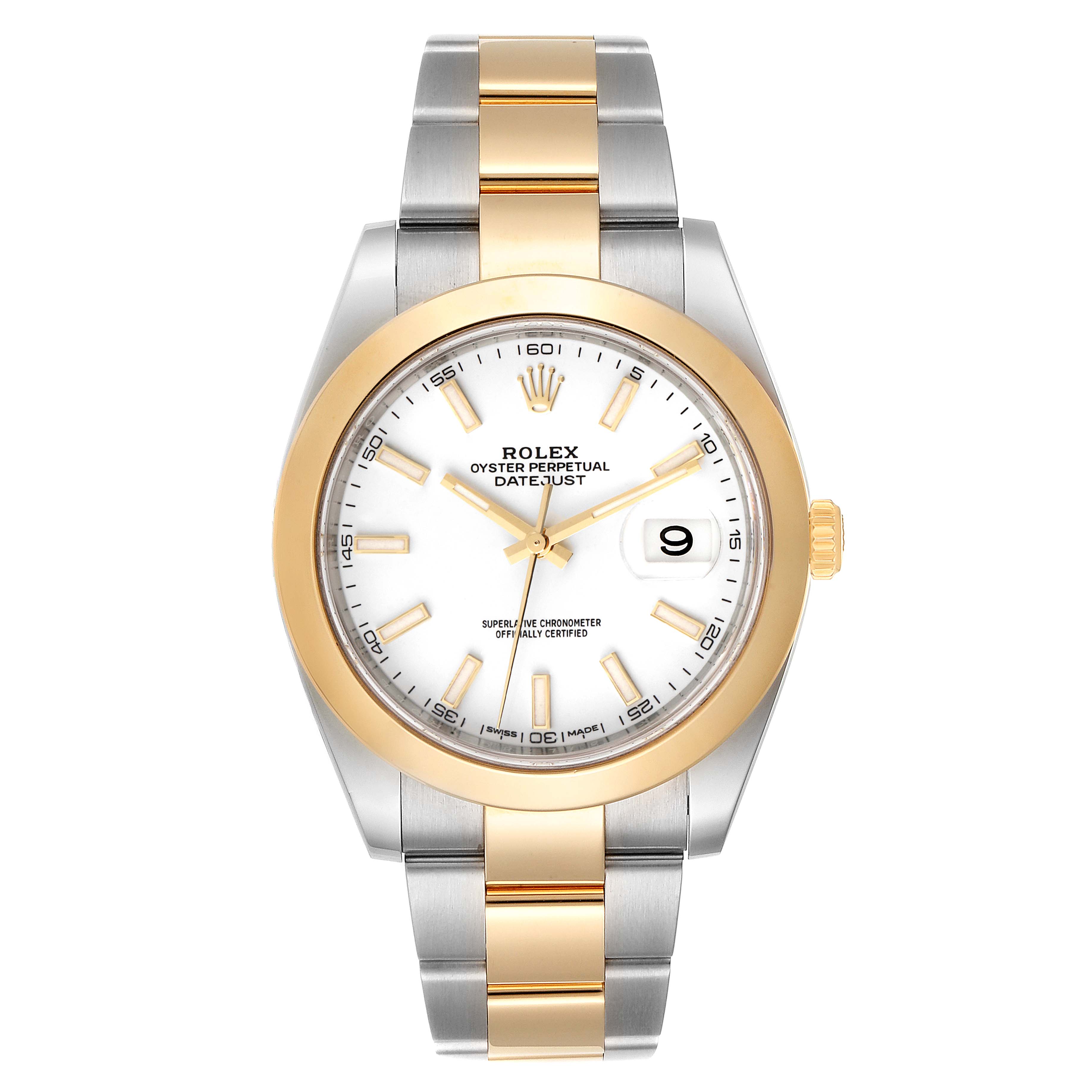 The image shows a frontal view of the Rolex Datejust 41 126303 Men's Steel and Gold (two tone) White Dial 126303 Men's Steel and Gold (two tone) White Dial, displaying its dial, bezel, and the full bracelet.