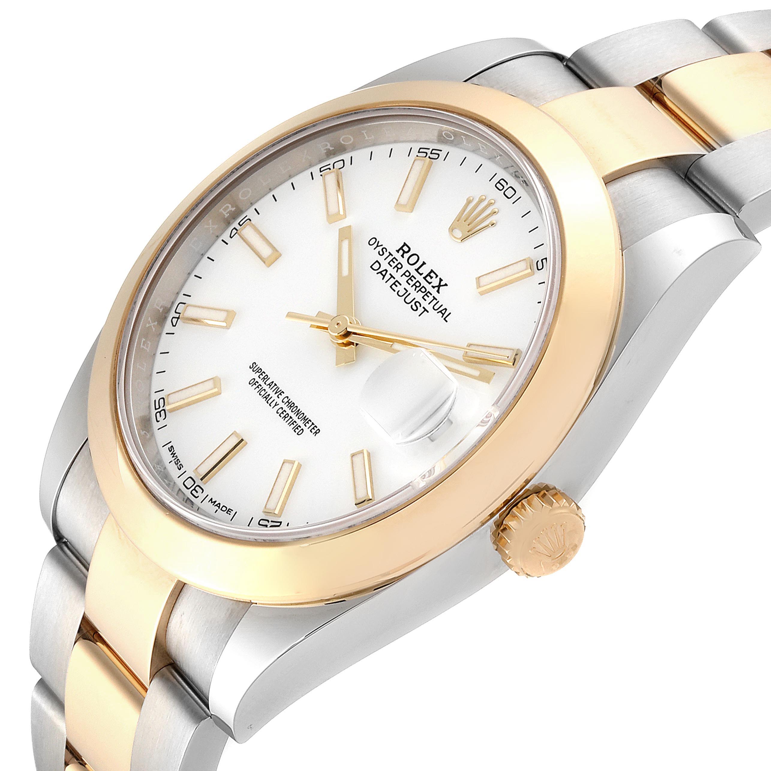 This is a close-up angle of the Rolex Datejust 41 126303 Men's Steel and Gold (two tone) White Dial 126303 Men's Steel and Gold (two tone) White Dial, showcasing the dial, bezel, and part of the bracelet.