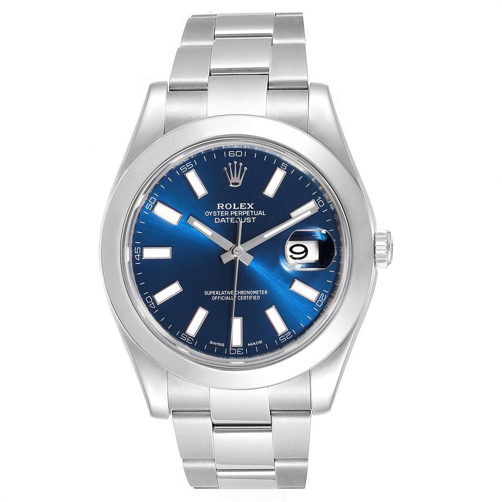 The image shows a front view of the Rolex Datejust 41 116300 Men's Stainless Steel Blue Dial 116300 Men's Stainless Steel Blue Dial watch, showcasing its blue dial, bracelet, and crown.