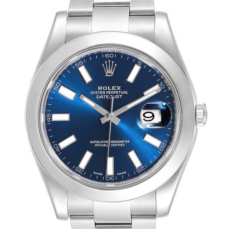 Rolex Datejust II Blue Baton Dial Steel Mens Watch 116300 Box Card SwissWatchExpo