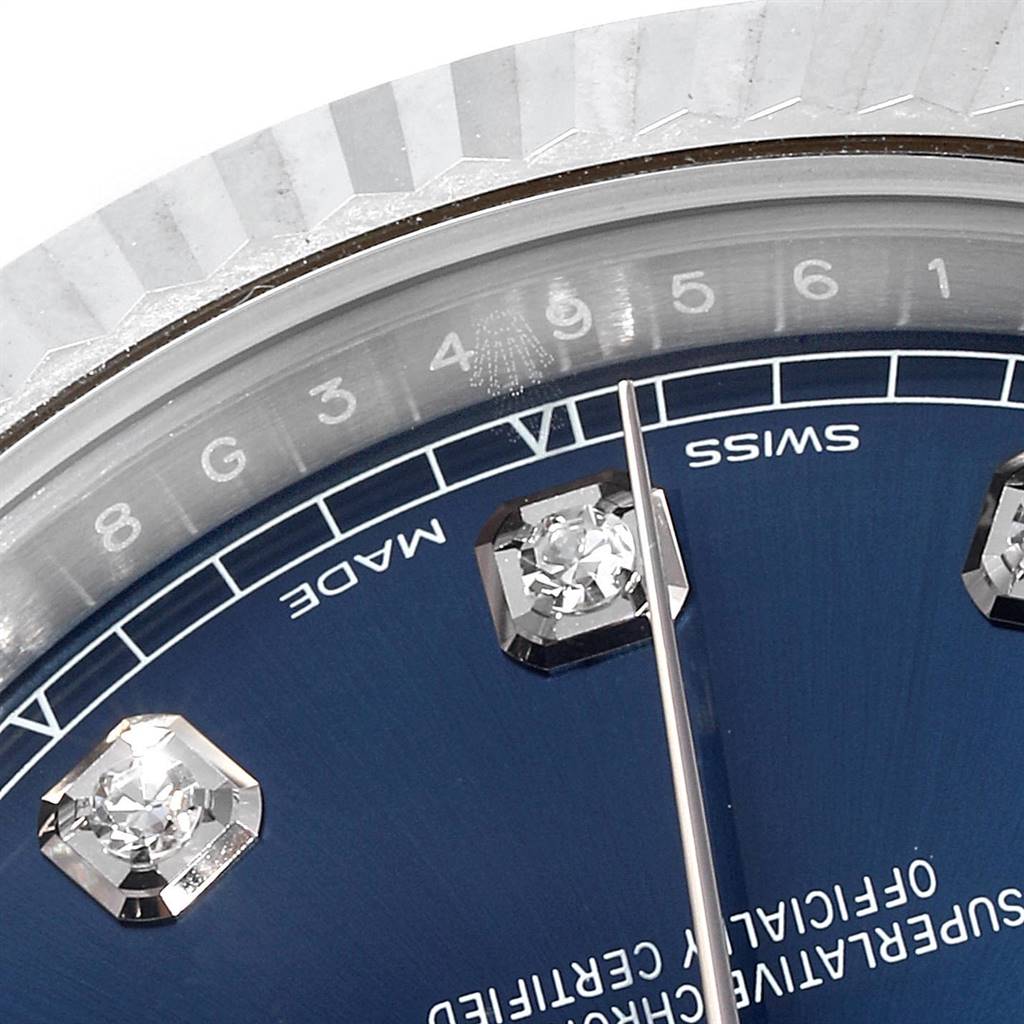 This close-up angle shows the dial and part of the bezel of the Rolex Datejust 41 126334 Men's Stainless Steel Blue Dial 126334 Men's Stainless Steel Blue Dial.
