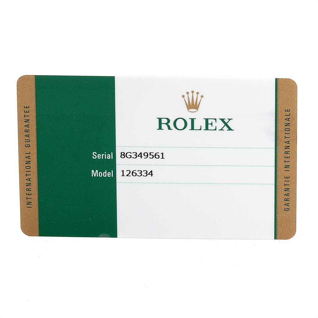 This is an image of the guarantee card for a Rolex Datejust 41 126334 Men's Stainless Steel Blue Dial 126334 Men's Stainless Steel Blue Dial model, showing the serial and model number.