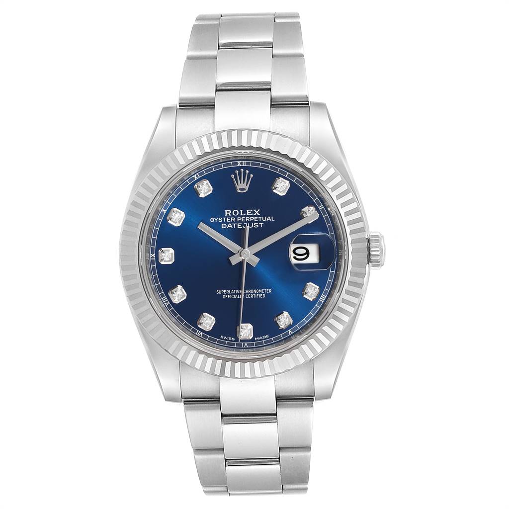 The image shows a front view of the Rolex Datejust 41 126334 Men's Stainless Steel Blue Dial 126334 Men's Stainless Steel Blue Dial watch, displaying its blue dial, fluted bezel, and bracelet.