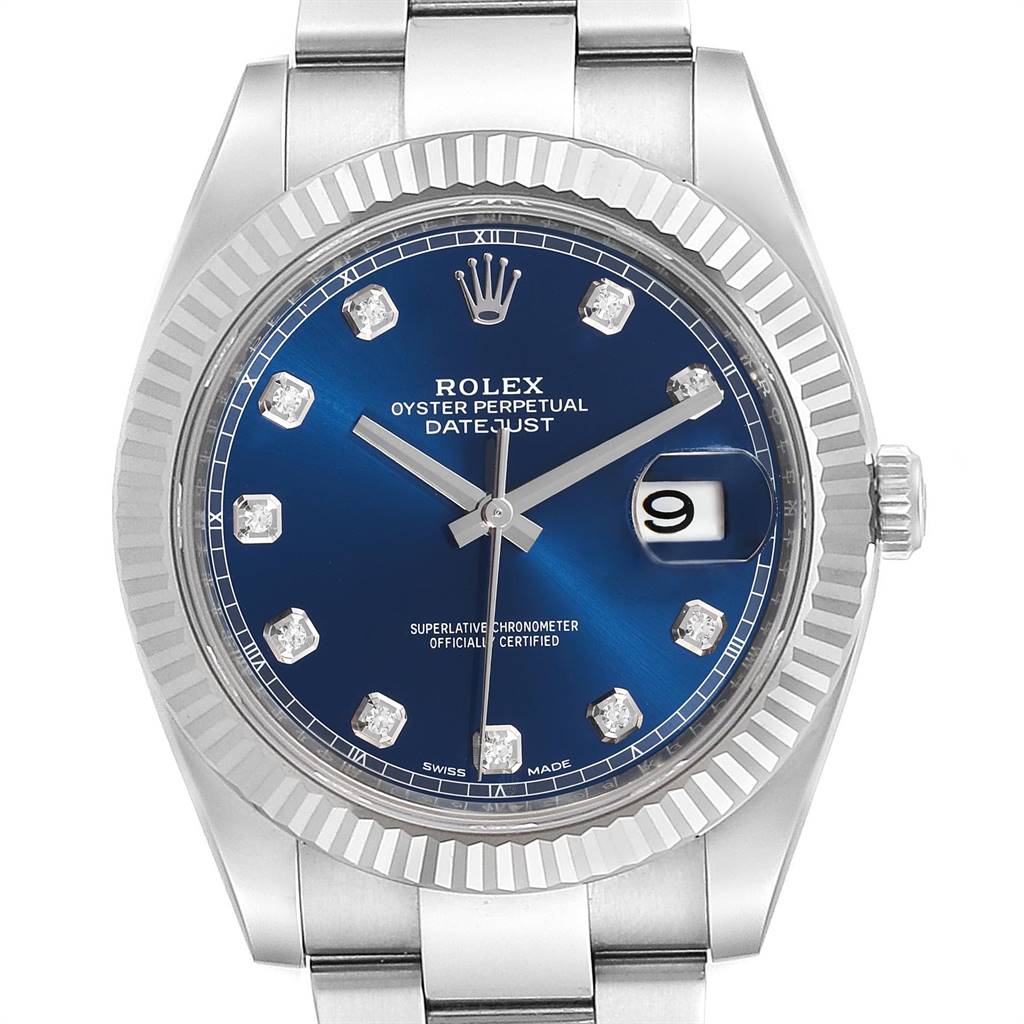 The image shows a Rolex Datejust 41 126334 Men's Stainless Steel Blue Dial 126334 Men's Stainless Steel Blue Dial model watch from a front angle, highlighting the dial, bezel, hands, and part of the bracelet.
