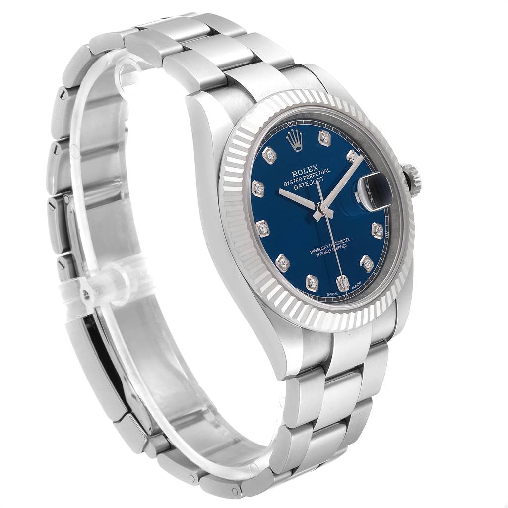 The image shows a Rolex Datejust 41 126334 Men's Stainless Steel Blue Dial 126334 Men's Stainless Steel Blue Dial watch from a three-quarter angle, highlighting the blue dial, fluted bezel, and bracelet.