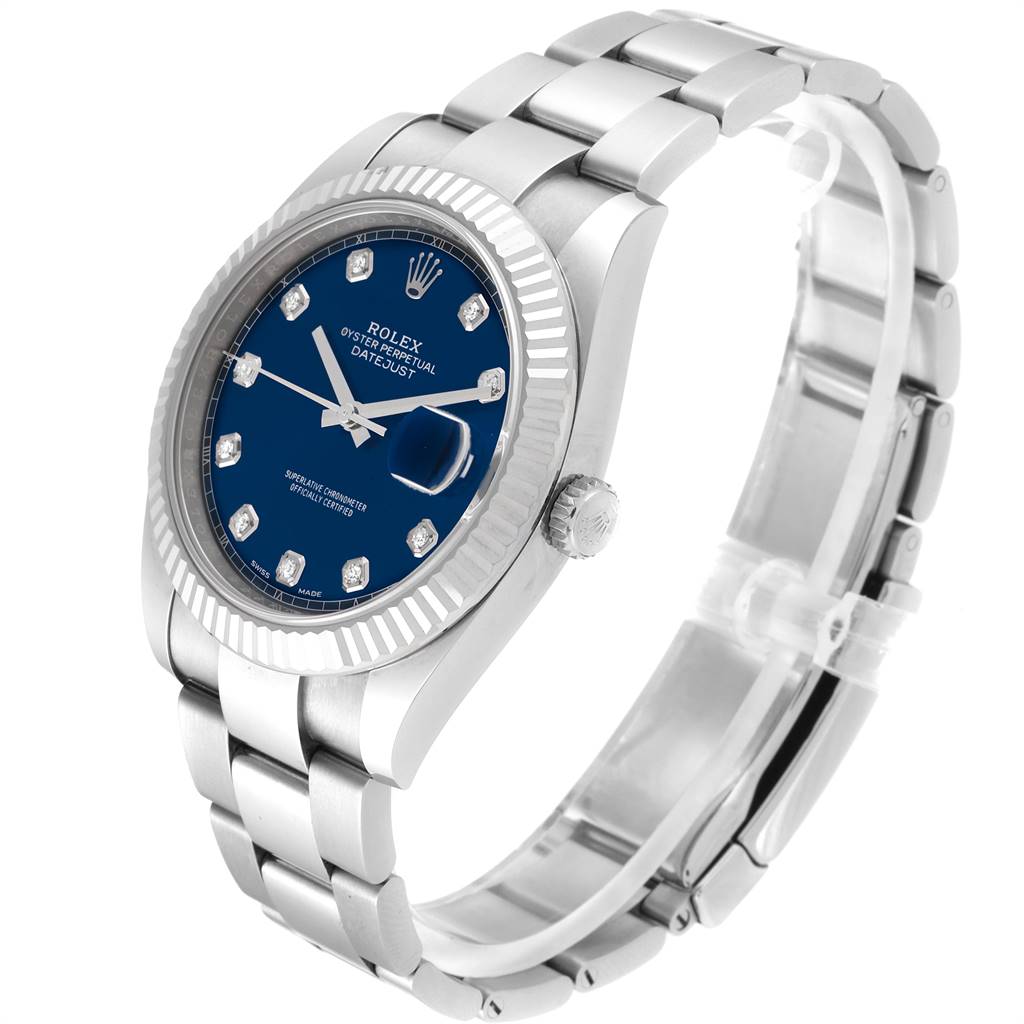 This image shows a Rolex Datejust 41 126334 Men's Stainless Steel Blue Dial 126334 Men's Stainless Steel Blue Dial watch at an angled view, highlighting the face, bezel, crown, and bracelet.