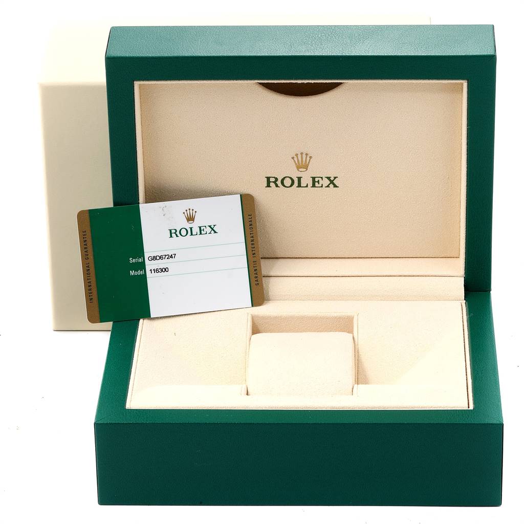 The image shows the open box and warranty card of a Rolex Datejust 41 116300 Men
s Stainless Steel Blue Dial 116300 Men
s Stainless Steel Blue Dial watch.