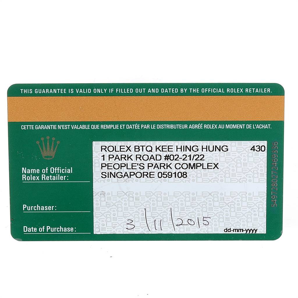 The image shows a warranty card for the Rolex Datejust 41 116300 Men
s Stainless Steel Blue Dial 116300 Men
s Stainless Steel Blue Dial model.