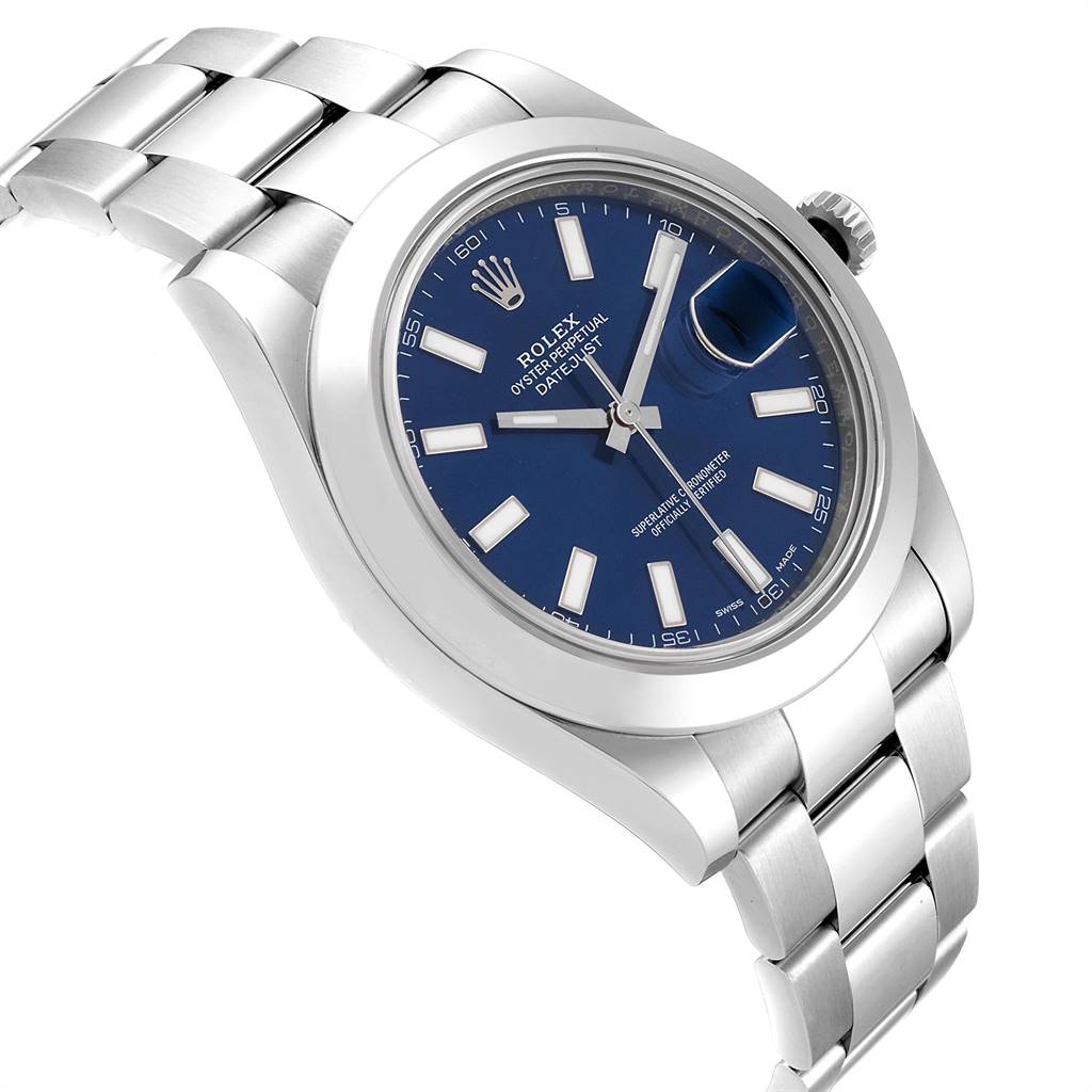 The image shows the Rolex Datejust 41 116300 Men
s Stainless Steel Blue Dial 116300 Men
s Stainless Steel Blue Dial model at an angled side view, highlighting the dial, bracelet, and crown.