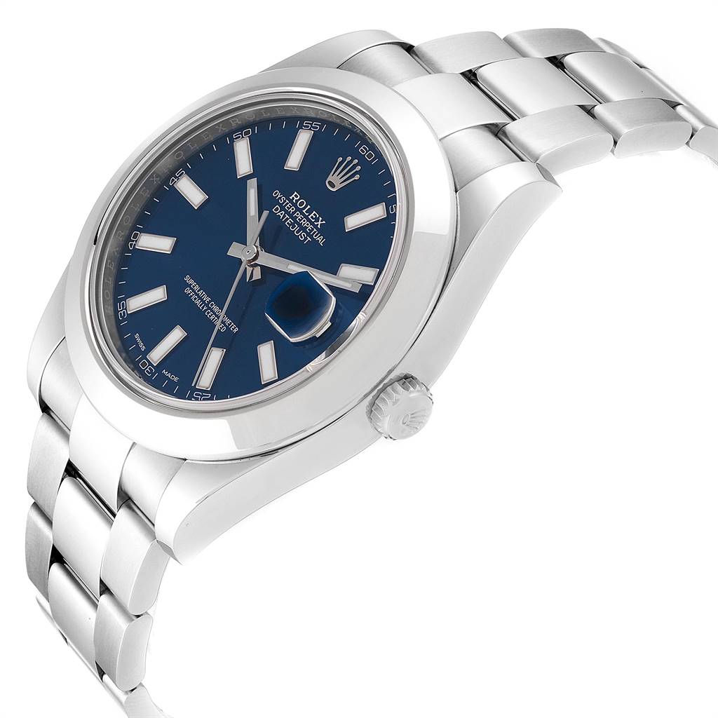 The Rolex Datejust 41 116300 Men
s Stainless Steel Blue Dial 116300 Men
s Stainless Steel Blue Dial watch is shown at a slight angle displaying the blue dial, markers, case, bezel, crown, and part of the bracelet.
