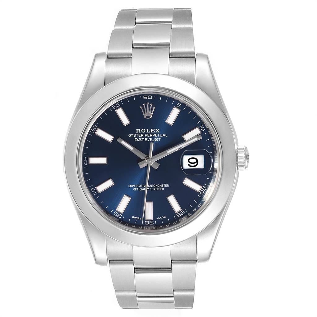 This Rolex Datejust 41 116300 Men
s Stainless Steel Blue Dial 116300 Men
s Stainless Steel Blue Dial watch is shown from a front angle, highlighting the blue dial and stainless steel bracelet.