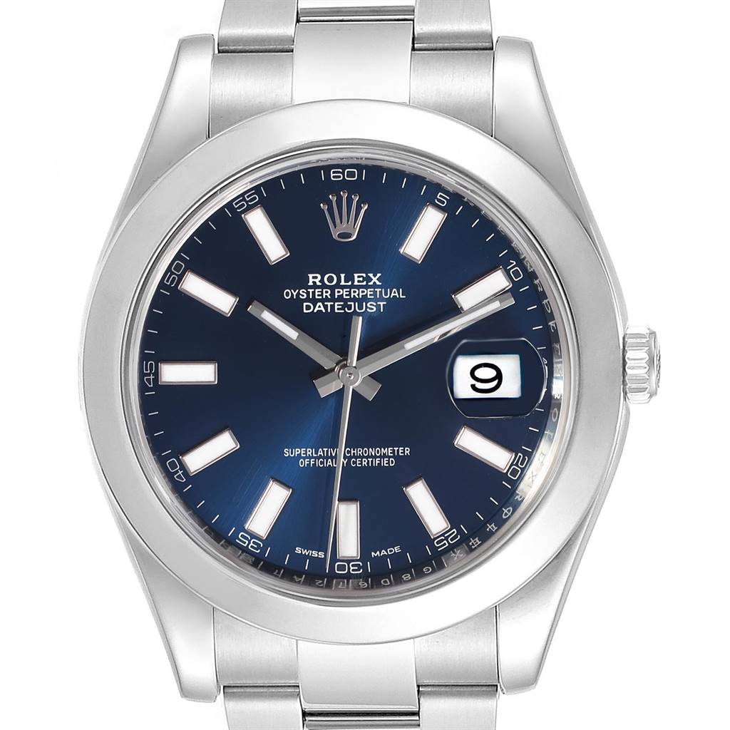 This image shows a Rolex Datejust 41 116300 Men
s Stainless Steel Blue Dial 116300 Men
s Stainless Steel Blue Dial watch from a front angle, displaying the face, bezel, crown, and part of the bracelet.