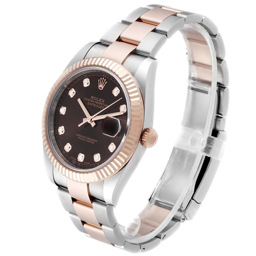 The image shows a Rolex Datejust 41 126331 Men's Steel and Gold (two tone) Brown Dial 126331 Men's Steel and Gold (two tone) Brown Dial watch from a three-quarter angle, highlighting its dial, bezel, and bracelet.