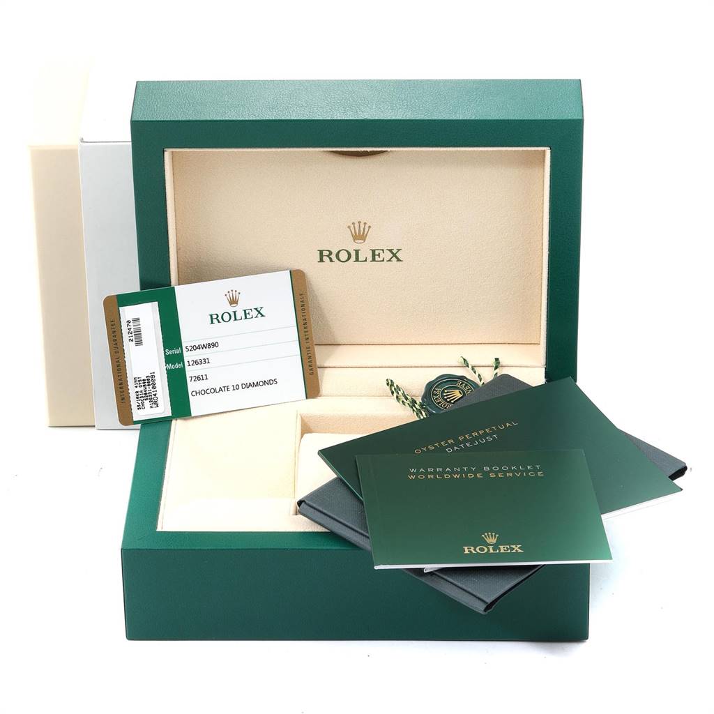 The image shows the packaging, warranty booklet, tags, and identification card for a Rolex Datejust 41 126331 Men's Steel and Gold (two tone) Brown Dial 126331 Men's Steel and Gold (two tone) Brown Dial model.