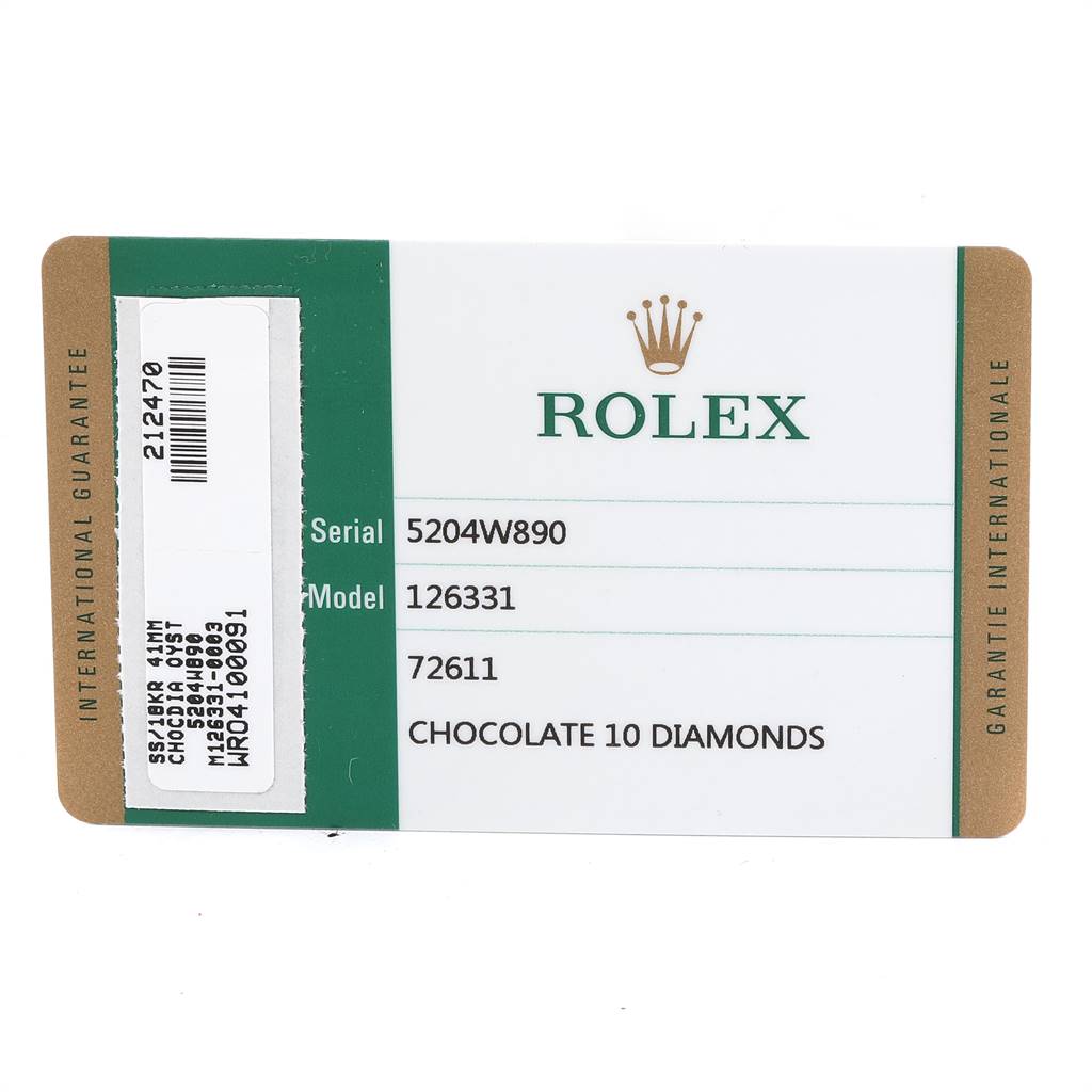 This image shows the warranty card for the Rolex Datejust 41 126331 Men's Steel and Gold (two tone) Brown Dial 126331 Men's Steel and Gold (two tone) Brown Dial watch, model 126331.