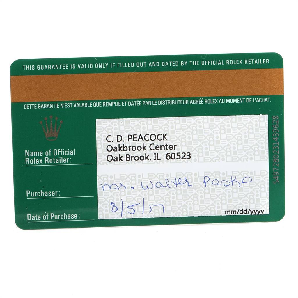 This image shows a Rolex Datejust 41 126331 Men's Steel and Gold (two tone) Brown Dial 126331 Men's Steel and Gold (two tone) Brown Dial warranty card from an official retailer, C.D. Peacock, in Oak Brook, IL.