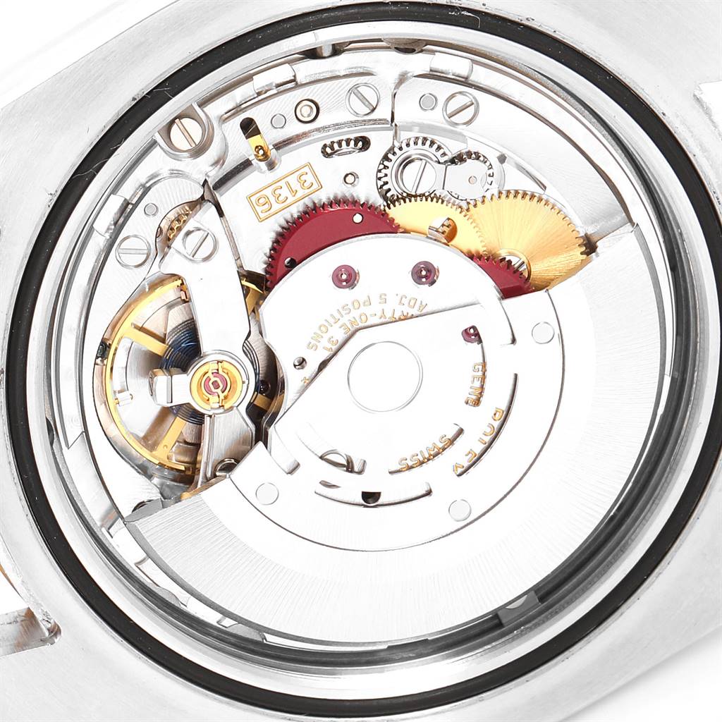 The image shows the detailed inner mechanism of the Rolex Datejust 41 116333 Men's Steel and Gold (two tone) Silver Dial 116333 Men's Steel and Gold (two tone) Silver Dial watch, viewed from the back.
