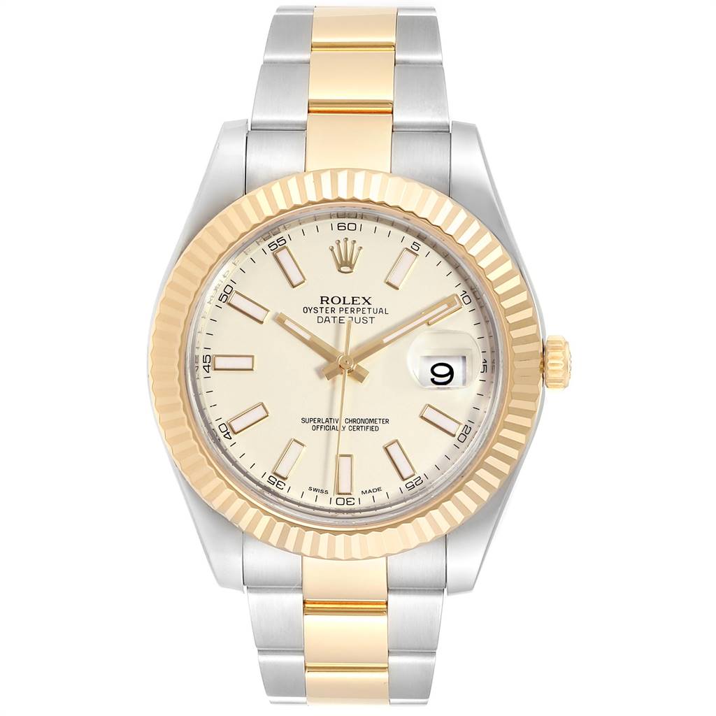 The image shows a front view of a Rolex Datejust 41 116333 Men's Steel and Gold (two tone) Silver Dial 116333 Men's Steel and Gold (two tone) Silver Dial watch with a two-tone bracelet and a fluted bezel.