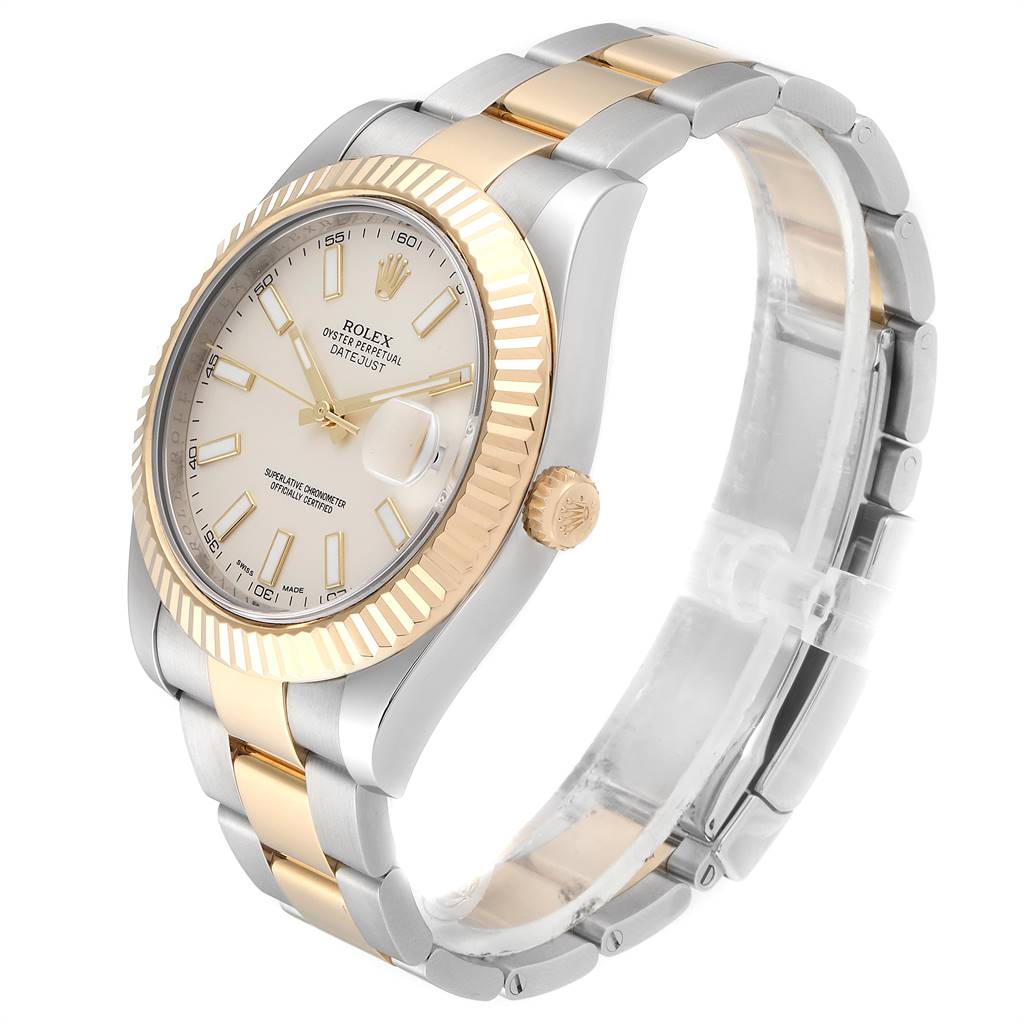 The image shows a Rolex Datejust 41 116333 Men's Steel and Gold (two tone) Silver Dial 116333 Men's Steel and Gold (two tone) Silver Dial model from a three-quarter view, highlighting the dial, bezel, and two-tone bracelet.