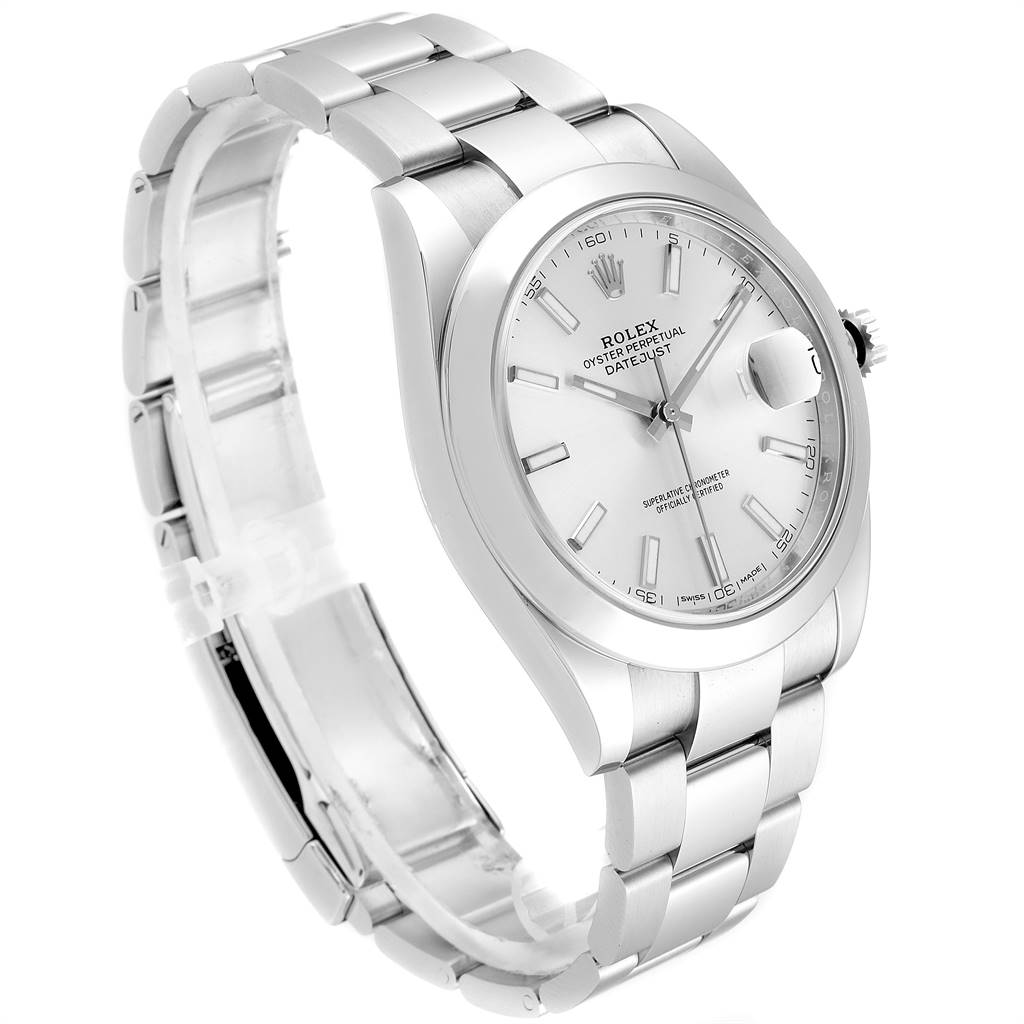 The image shows a Rolex Datejust 41 126300 Men
s Stainless Steel Silver Dial 126300 Men
s Stainless Steel Silver Dial watch from a front angle highlighting the face, bezel, and bracelet.