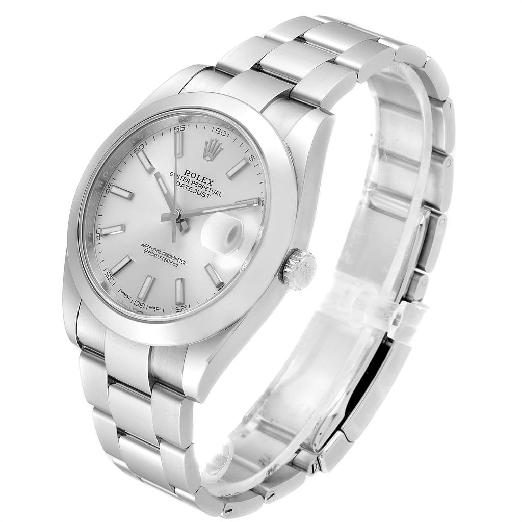 The Rolex Datejust 41 126300 Men
s Stainless Steel Silver Dial 126300 Men
s Stainless Steel Silver Dial watch is shown at a three-quarter angle, detailing the dial, bezel, crown, and bracelet.