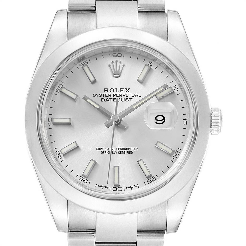 This is a frontal view of the Rolex Datejust 41 126300 Men
s Stainless Steel Silver Dial 126300 Men
s Stainless Steel Silver Dial, highlighting the dial, hands, date window, bezel, and part of the bracelet.