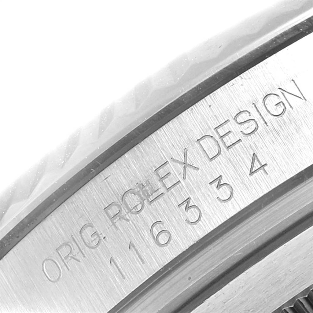 The image shows a close-up view of the side of the watch case of a Rolex Datejust 41 116334 Men's Stainless Steel Black Dial 116334 Men's Stainless Steel Black Dial, displaying the engraved model number and design information.