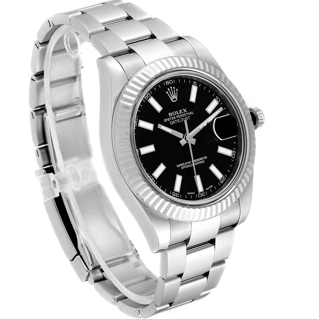 The Rolex Datejust 41 116334 Men's Stainless Steel Black Dial 116334 Men's Stainless Steel Black Dial watch is shown at a three-quarter angle, highlighting its black dial, stainless steel bracelet, and fluted bezel.