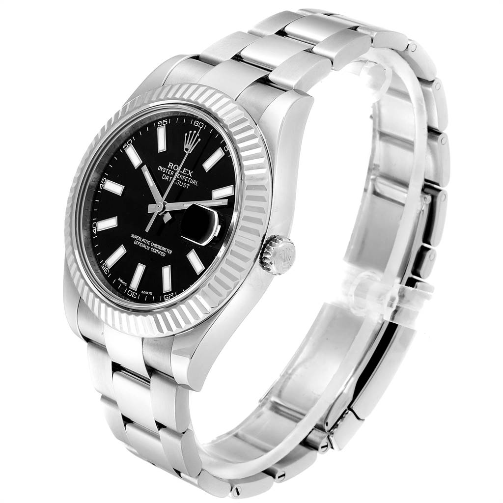 The Rolex Datejust 41 116334 Men's Stainless Steel Black Dial 116334 Men's Stainless Steel Black Dial watch is shown at a three-quarters angle, highlighting the case, dial, bezel, and bracelet.