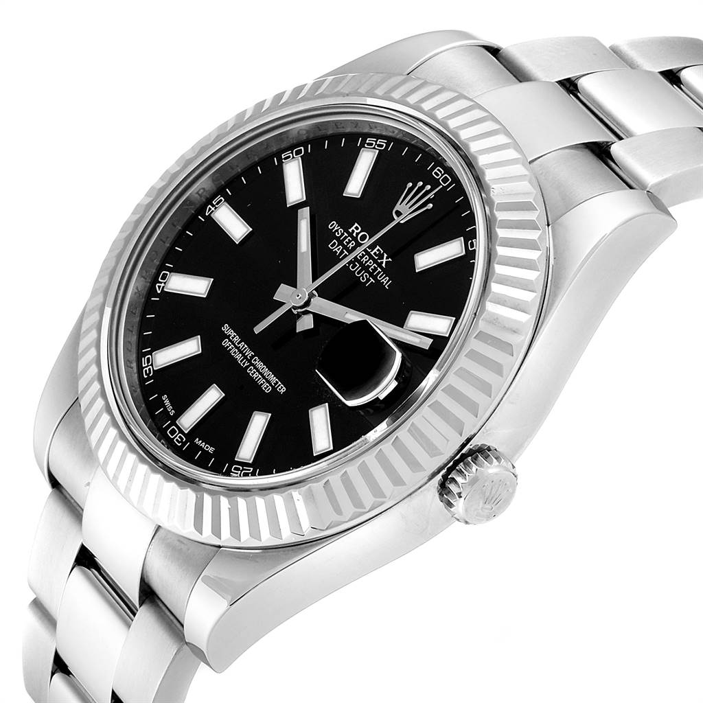 This image shows a Rolex Datejust 41 116334 Men's Stainless Steel Black Dial 116334 Men's Stainless Steel Black Dial model at a side angle, highlighting the bracelet, bezel, and crown.