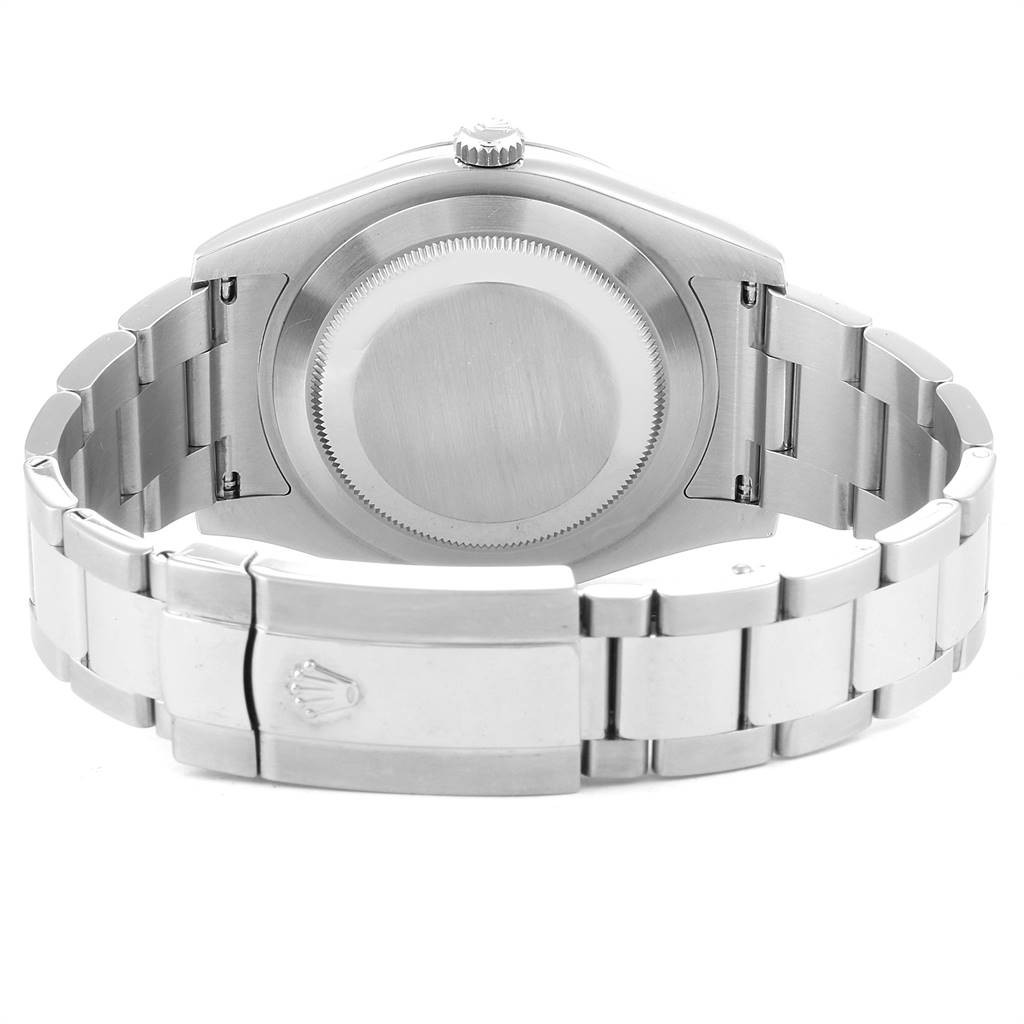 The Rolex Datejust 41 116334 Men's Stainless Steel Black Dial 116334 Men's Stainless Steel Black Dial watch is shown from the back, displaying the case, crown, and bracelet with a clasp.