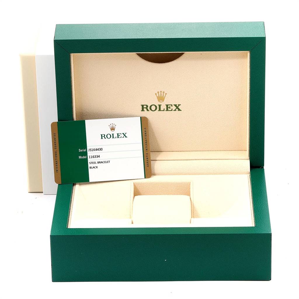 This image shows the open box and the authenticity card for a Rolex Datejust 41 116334 Men's Stainless Steel Black Dial 116334 Men's Stainless Steel Black Dial model.