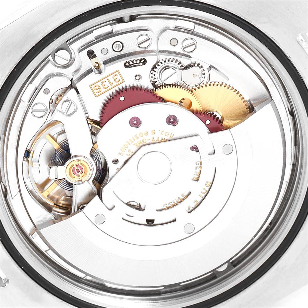 The image shows the intricate internal mechanism of the Rolex Datejust 41 116334 Men's Stainless Steel Silver Dial 116334 Men's Stainless Steel Silver Dial model, viewed from the back.