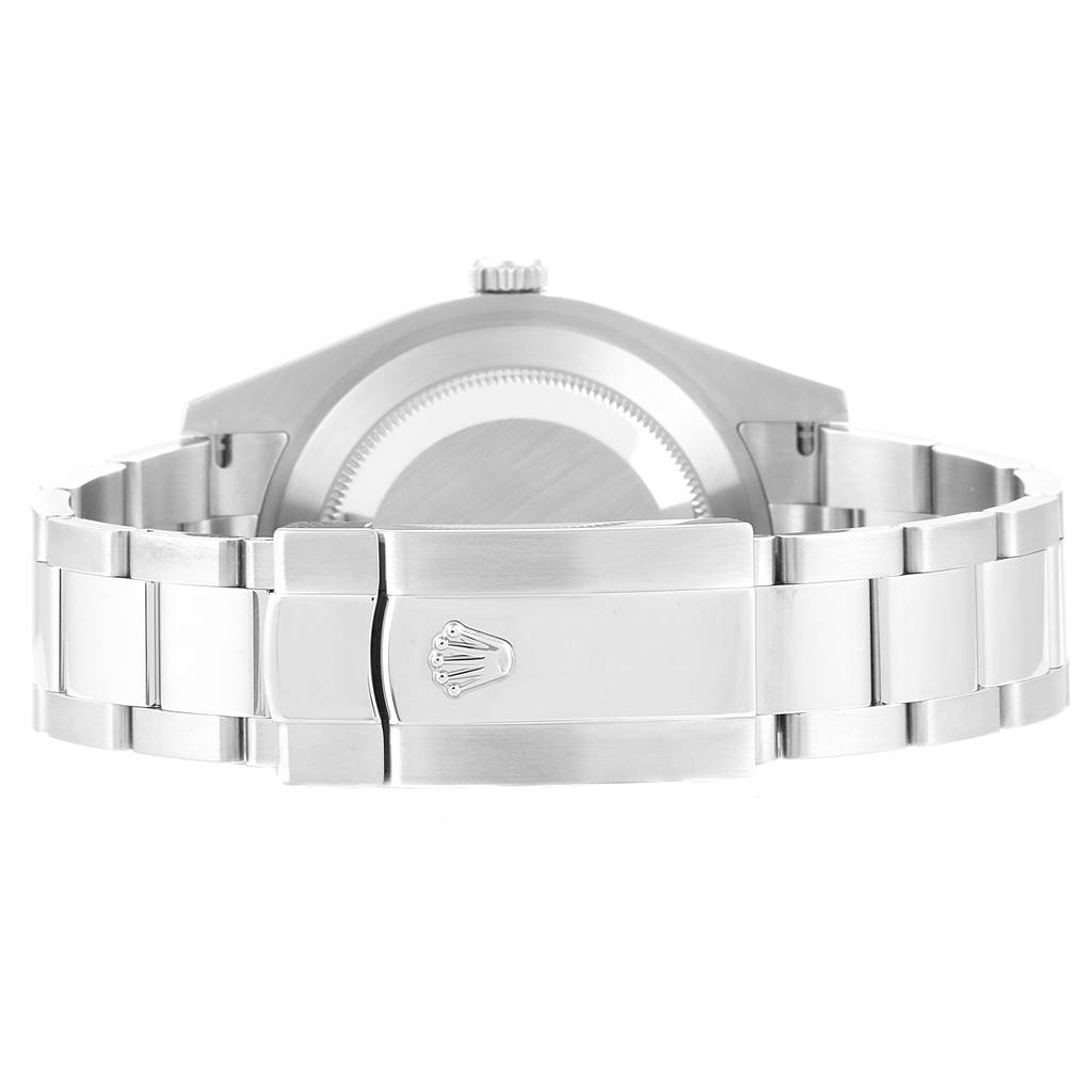 The Rolex Datejust 41 116334 Men's Stainless Steel Silver Dial 116334 Men's Stainless Steel Silver Dial watch is shown from the back, highlighting the clasp and bracelet.