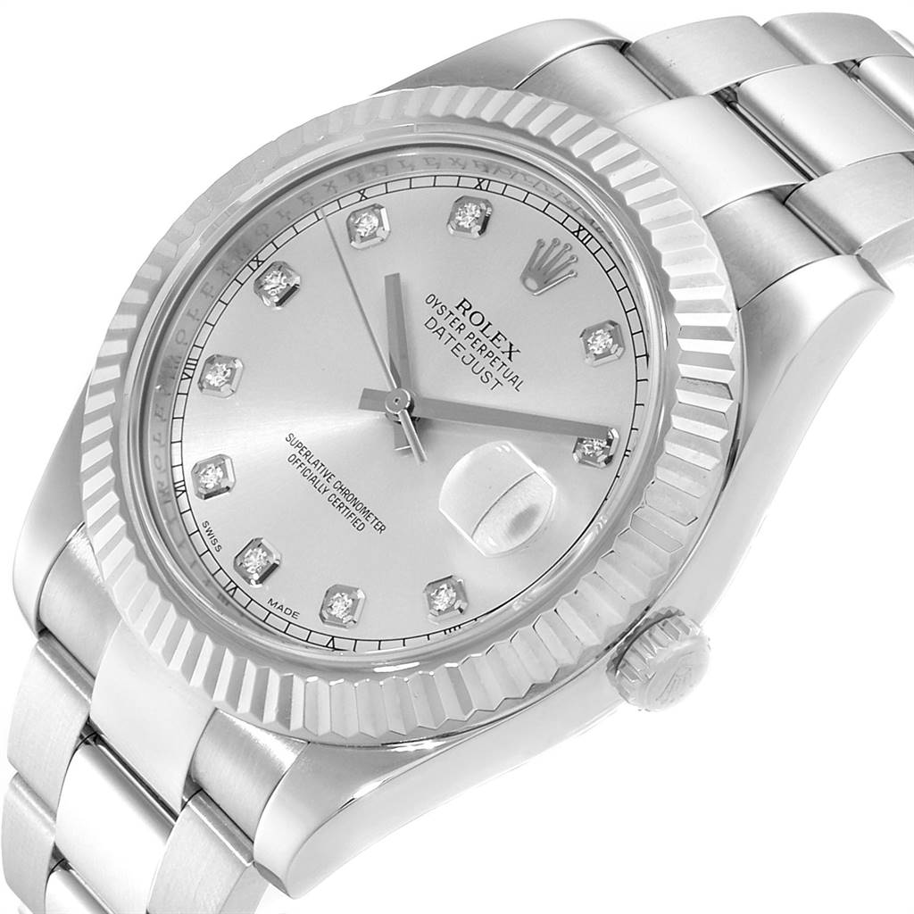 This image shows a Rolex Datejust 41 116334 Men's Stainless Steel Silver Dial 116334 Men's Stainless Steel Silver Dial watch from a slightly angled upper view, highlighting the face, bezel, and part of the bracelet.