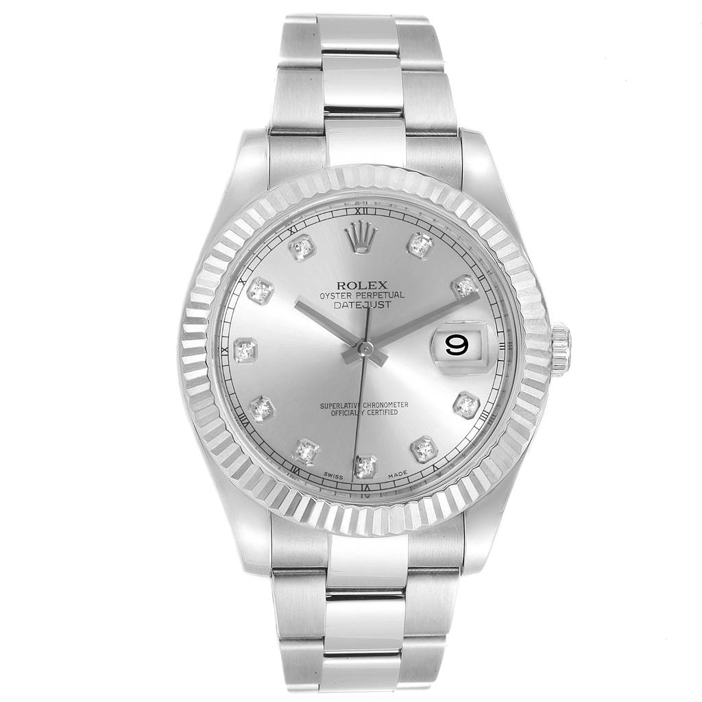 The image shows a frontal view of the Rolex Datejust 41 116334 Men's Stainless Steel Silver Dial 116334 Men's Stainless Steel Silver Dial watch, highlighting its silver dial, fluted bezel, and Oyster bracelet.