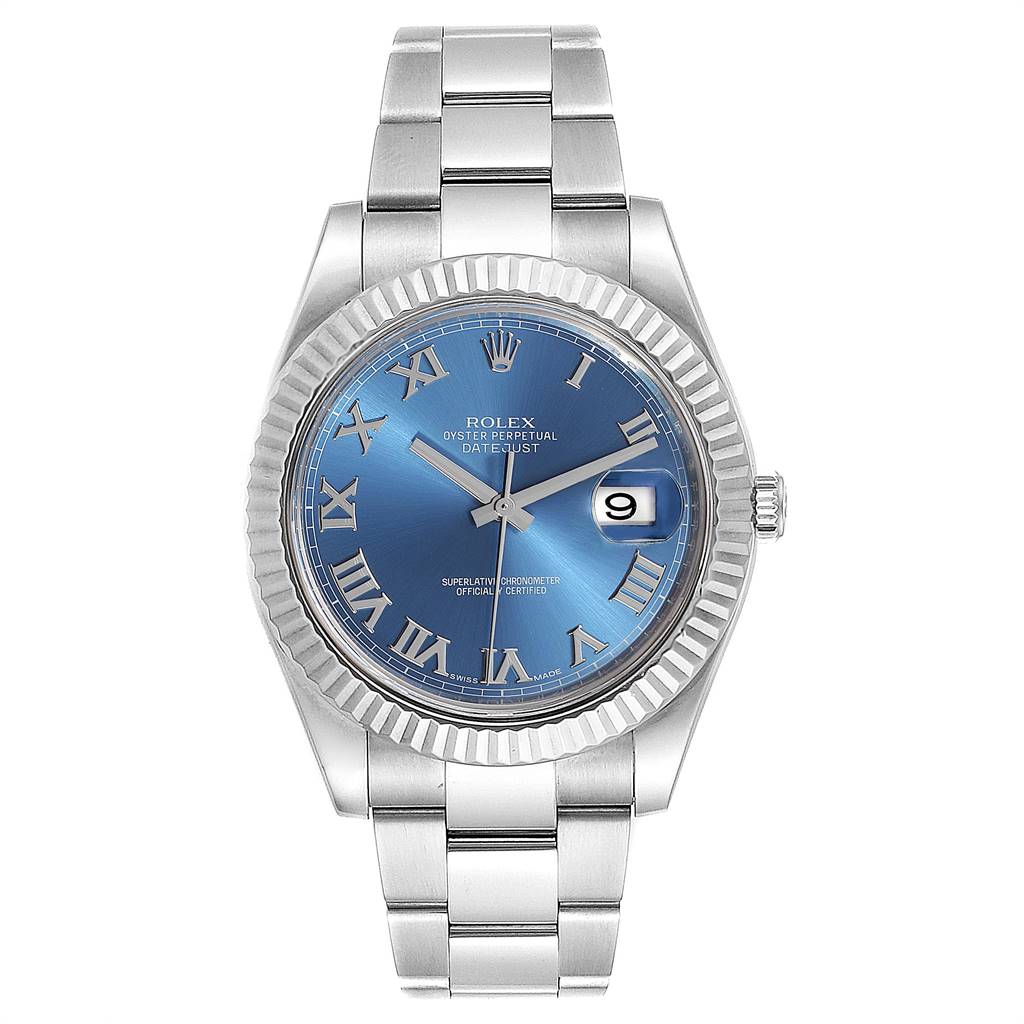 The image shows the Rolex Datejust 41 116334 Men's Stainless Steel Blue Dial 116334 Men's Stainless Steel Blue Dial watch in a front-facing angle, displaying the dial, bezel, and bracelet.