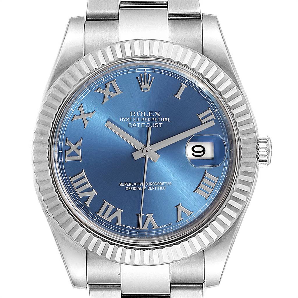 The image shows a frontal view of a Rolex Datejust 41 116334 Men's Stainless Steel Blue Dial 116334 Men's Stainless Steel Blue Dial watch, featuring its dial, bezel, crown, and part of the bracelet.