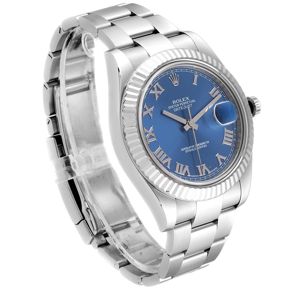 The image shows a side-angle view of a Rolex Datejust 41 116334 Men's Stainless Steel Blue Dial 116334 Men's Stainless Steel Blue Dial watch, highlighting its blue dial, bezel, and metal bracelet.