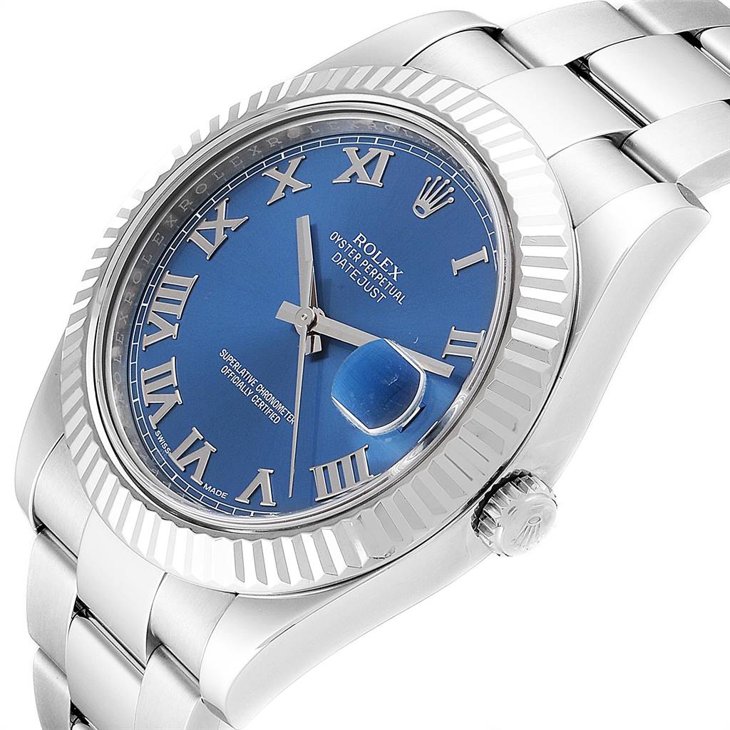 This image shows a Rolex Datejust 41 116334 Men's Stainless Steel Blue Dial 116334 Men's Stainless Steel Blue Dial model from a diagonal angle, highlighting the dial, bezel, crown, and part of the bracelet.