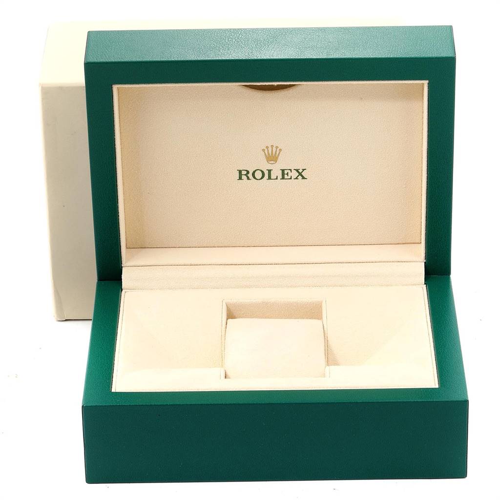 The image shows an open Rolex Datejust 41 116334 Men's Stainless Steel Blue Dial 116334 Men's Stainless Steel Blue Dial watch box in green and beige colors with the Rolex logo.