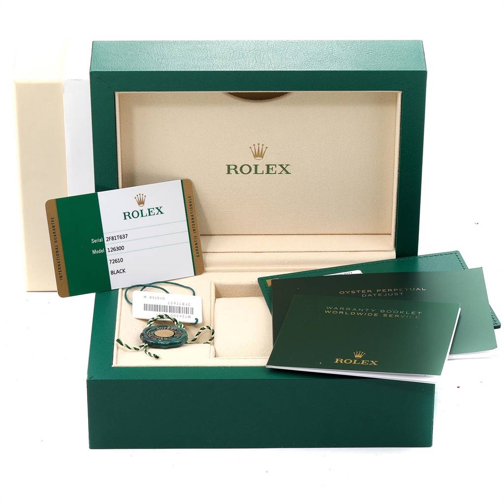 The image shows a Rolex Datejust 41 126300 Men's Stainless Steel Black Dial 126300 Men's Stainless Steel Black Dial watch box with warranty cards, booklets, and tags, shot from the front.