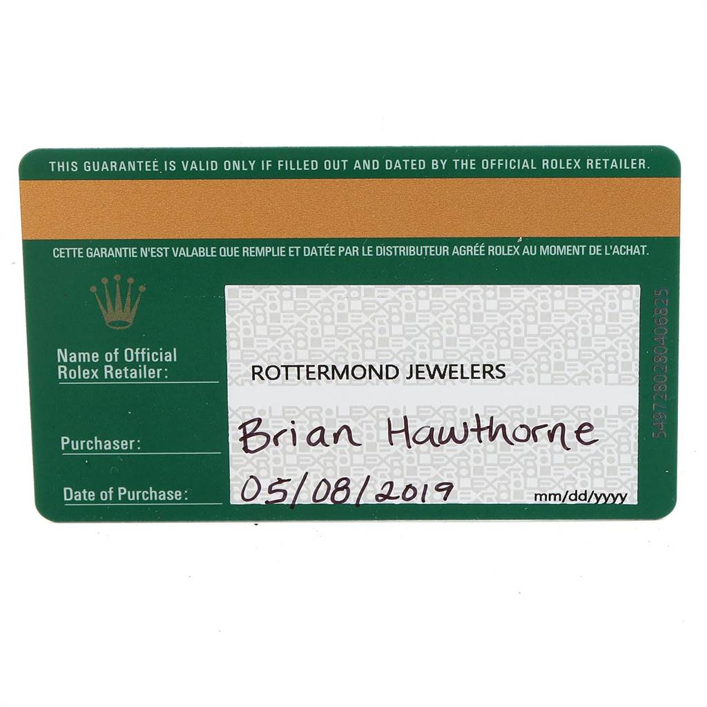 A warranty card for the Rolex Datejust 41 126300 Men's Stainless Steel Black Dial 126300 Men's Stainless Steel Black Dial model, issued to a purchaser on 05/08/2019.