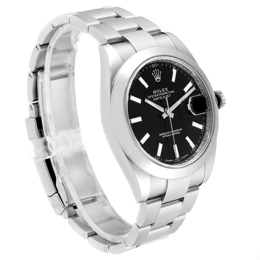 The image shows a side angle of a Rolex Datejust 41 126300 Men's Stainless Steel Black Dial 126300 Men's Stainless Steel Black Dial watch, highlighting the bracelet, bezel, and dial.