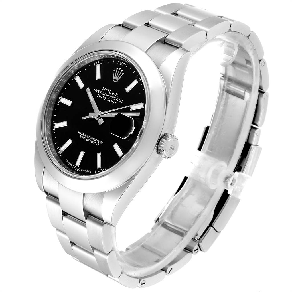 The image shows a side and front view of a Rolex Datejust 41 126300 Men's Stainless Steel Black Dial 126300 Men's Stainless Steel Black Dial watch, highlighting its black dial, stainless steel case, and bracelet.