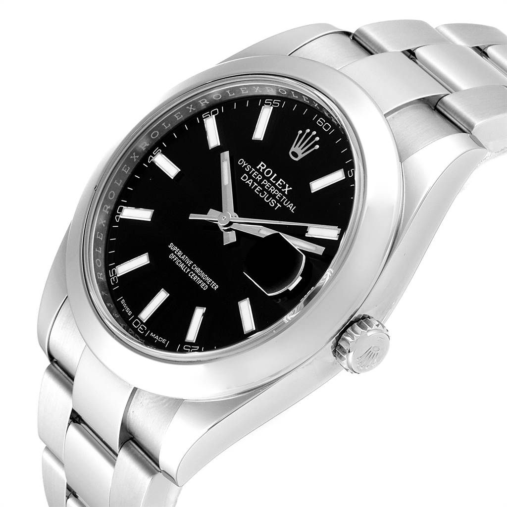 The Rolex Datejust 41 126300 Men's Stainless Steel Black Dial 126300 Men's Stainless Steel Black Dial watch is shown at a slight angle from above, highlighting its dial, bezel, bracelet, and crown.